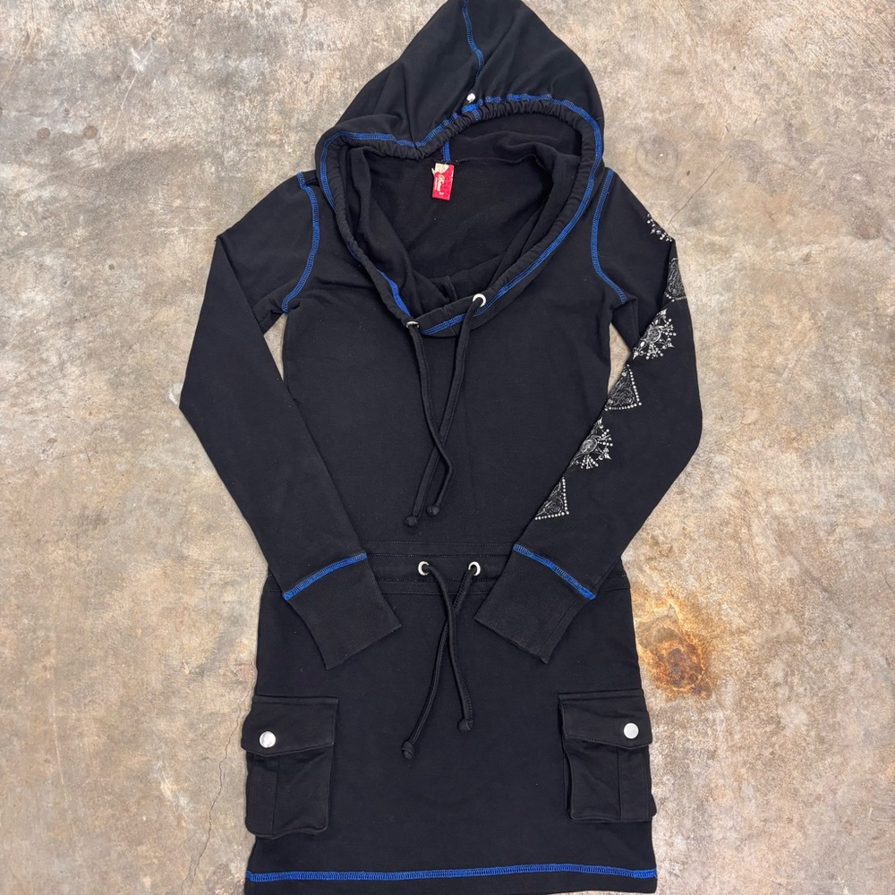 Apple bottom Jeans Y2K Hooded Mini Dress Black Blue Womens Small